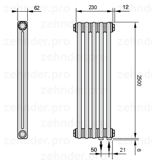 Схема (чертеж) Радиатор Zehnder Charleston 2250/5 №5510 Белый глянцевый RAL 9016
